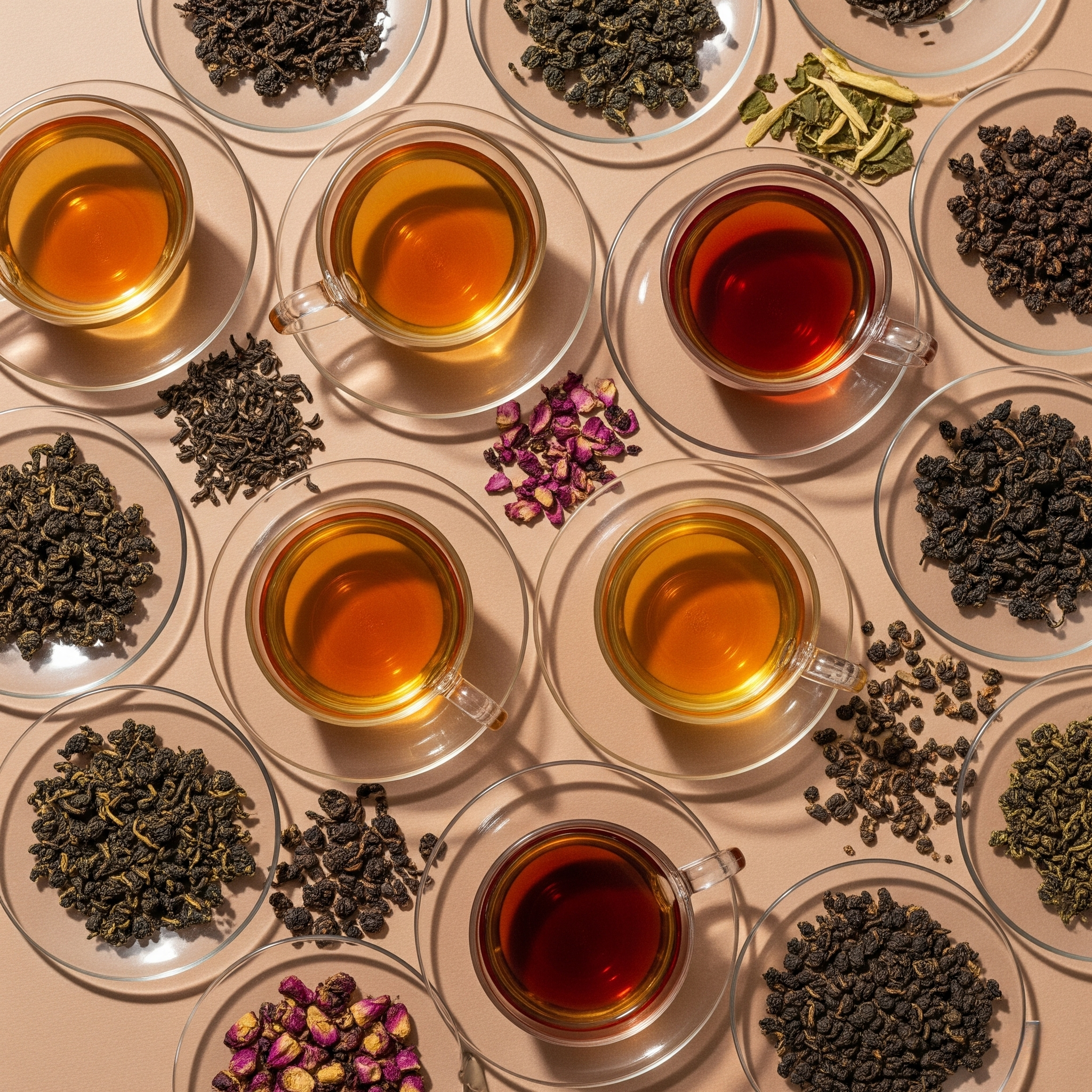 Tea cups with different types of tea leaves and loose tea on a light background
