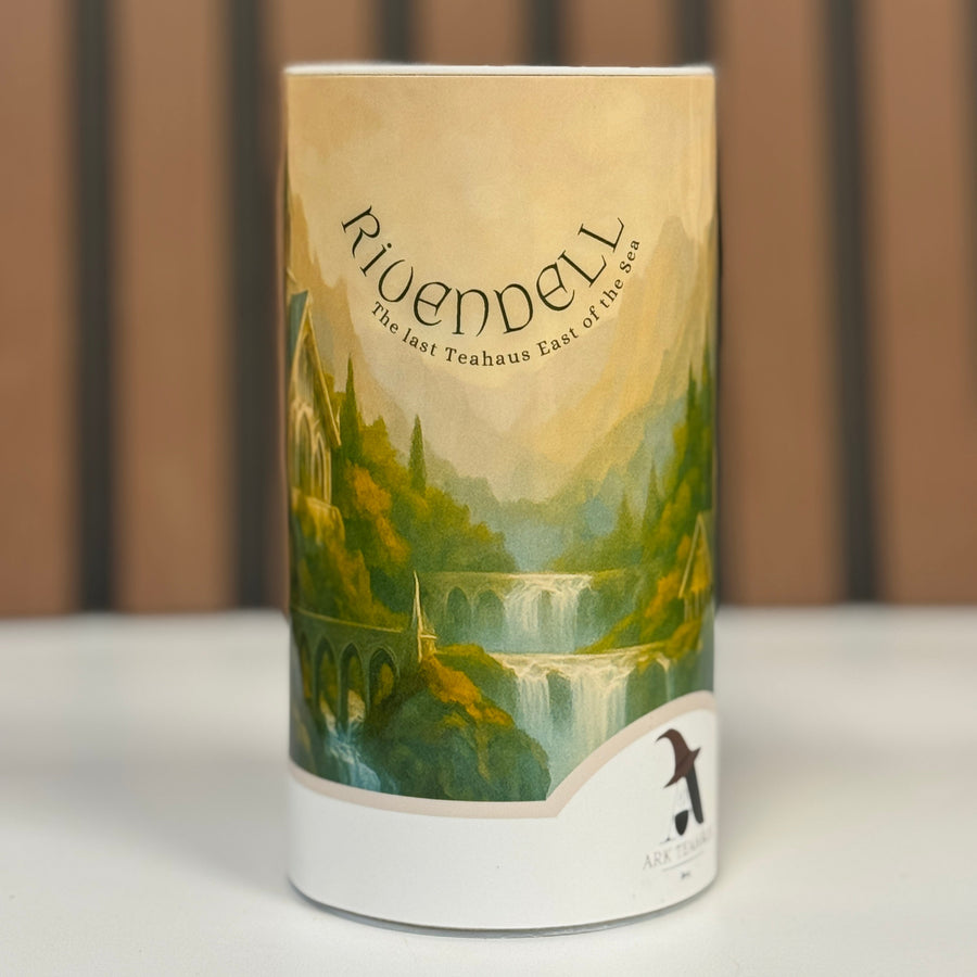 Cylindrical product packaging with a scenic design and 'Rivendell' branding on a neutral background.