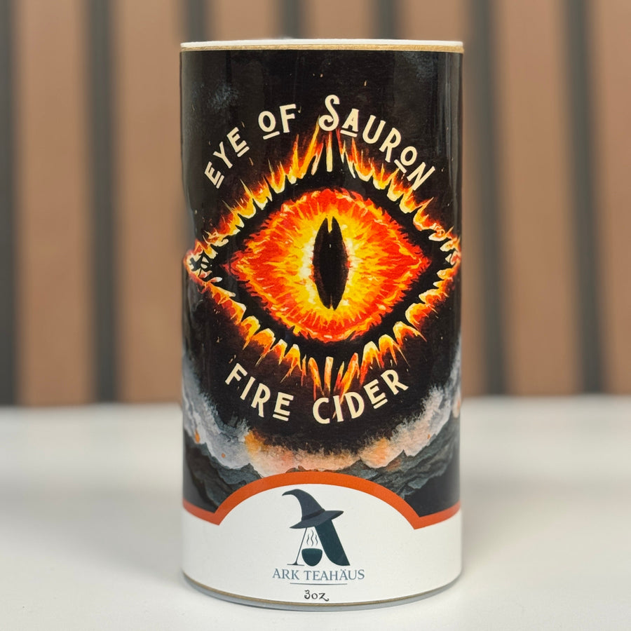 Can of 'Eye of Sauron Fire Cider' with a dark background